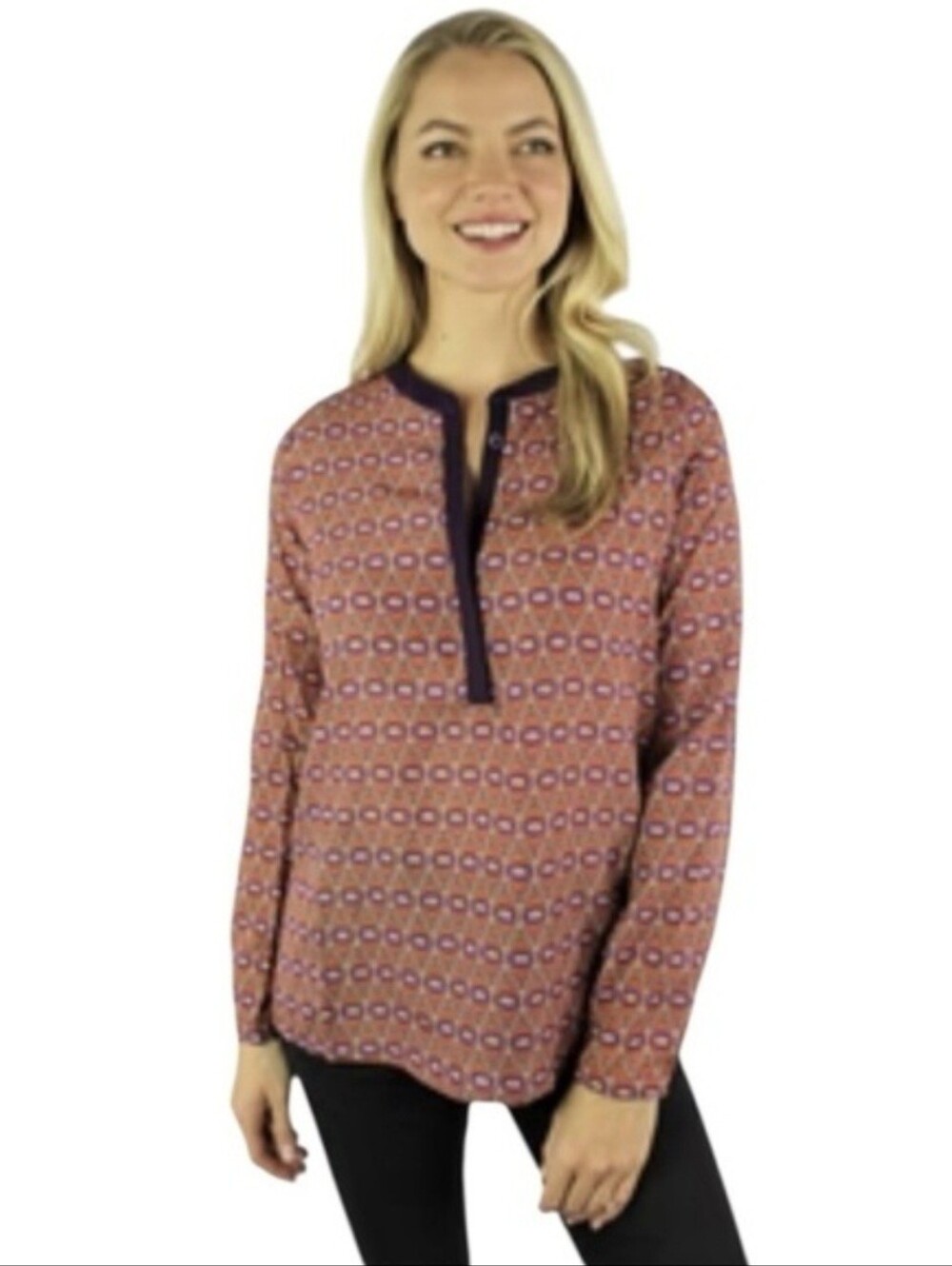 Sabine Orange Geometric Long-Sleeve Henley with Navy Trim